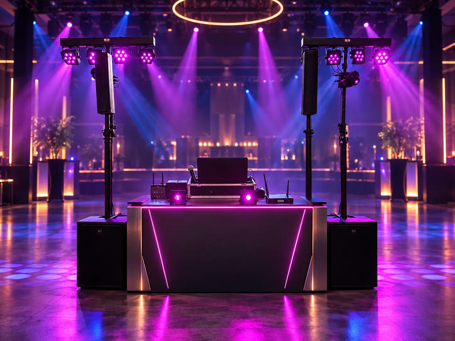 KI-bearbeitete Darstellung: DJ Tommys Ton- und Lichtanlage mit modernem DJ-Stand in einer Partylocation