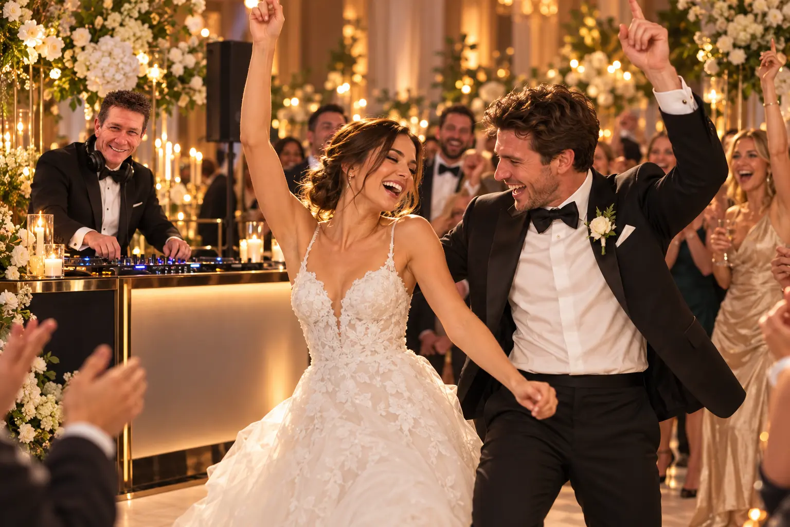 KI-generierte Darstellung: Ausgelassen tanzendes Brautpaar bei einer klassischen Hochzeit mit DJ Tommy im Hintergrund