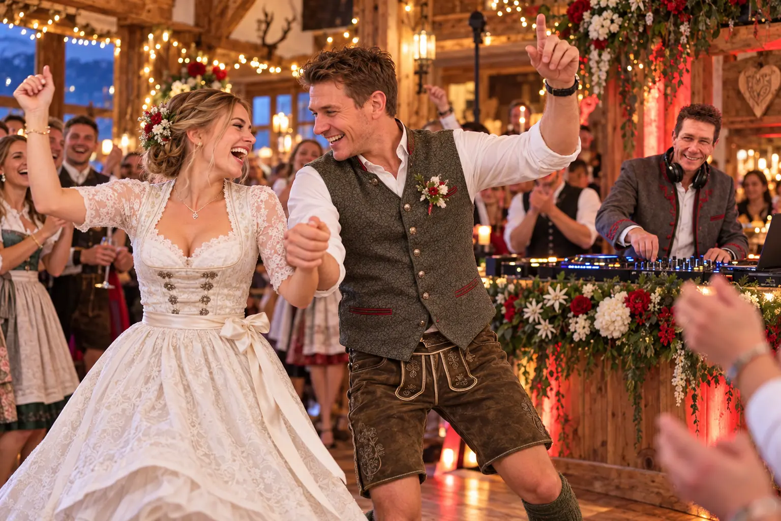 KI-generierte Darstellung: Tanzendes Brautpaar bei einer Trachtenhochzeit mit DJ Tommy am Mischpult