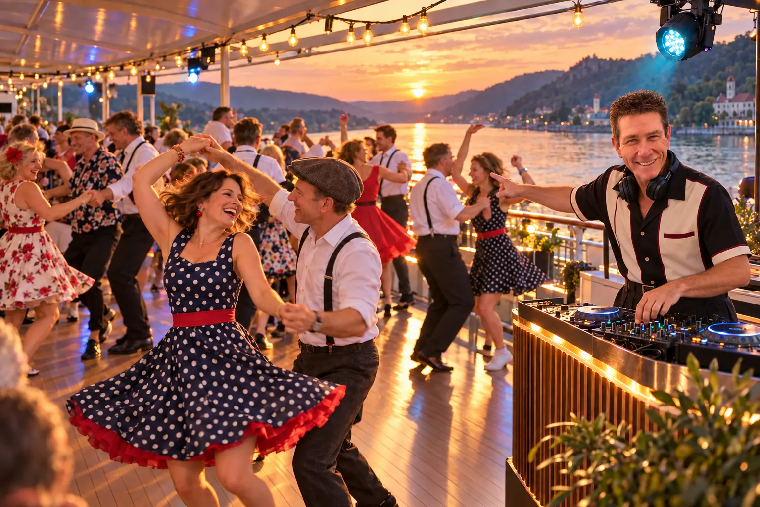 KI-generierte Darstellung: DJ Tommy im Boogie-Outfit bei einer Tanzparty auf einem Donauschiff