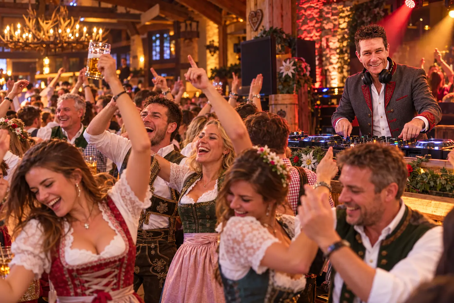 KI-generierte Darstellung: DJ Tommy bei einer ausgelassenen Trachtenparty